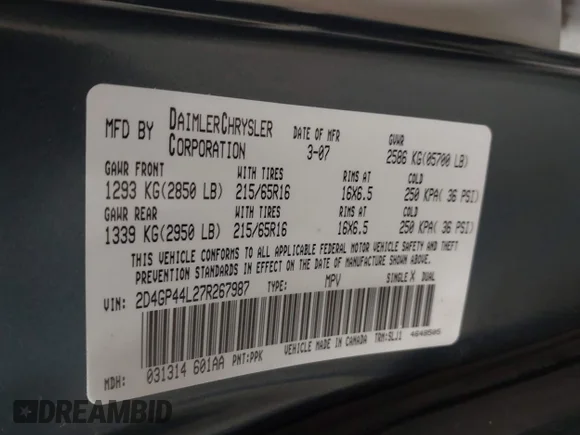 ✅ 2007 Dodge Grand Caravan SXT • VIN: 2D4GP44L27R267987 • Lot: 43846297. Listed on IAAI with 146,716 mi. Free auction sales archive from the USA and detailed vehicle history report at DreamBid. Image 9.