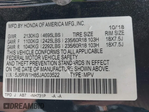 ✅ 2018 Honda CR-V EX-L • VIN: 5J6RW1H85JA003522 • Lot: 45102316. Wystawiony na IAAI z przebiegiem 58 807 mil. Bezpłatny archiwum sprzedaży aukcyjnych z USA i szczegółowy raport historii pojazdu na DreamBid. Zdjęcie 9.