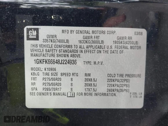✅ 2008 GMC Yukon XL • VIN: 1GKFK66848J224936 • Lot: 42720179. Wystawiony na IAAI z przebiegiem 189 857 mil. Bezpłatny archiwum sprzedaży aukcyjnych z USA i szczegółowy raport historii pojazdu na DreamBid. Zdjęcie 9.