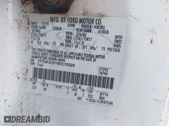 ✅ 2006 Ford F-250 XL • VIN: 1FTNF21516EC15229 • Лот: 43187088. Опубліковано раніше на IAAI з пробігом 109 001 миль. Безкоштовний доступ до архіву аукціонних продажів зі США та докладний звіт про історію автомобіля на DreamBid. Зображення 9.