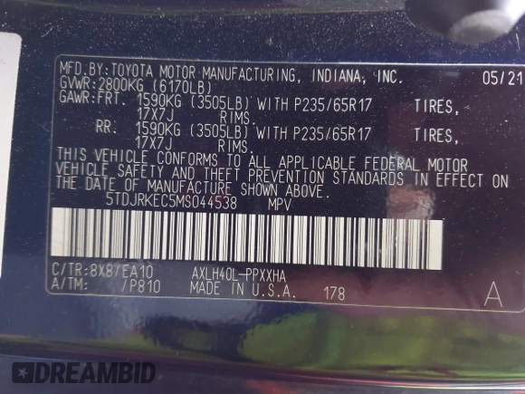 ✅ 2021 Toyota Sienna XLE • VIN: 5TDJRKEC5MS044538 • Lot: 44731521. Wystawiony na IAAI z przebiegiem Nie podano. Bezpłatny archiwum sprzedaży aukcyjnych z USA i szczegółowy raport historii pojazdu na DreamBid. Zdjęcie 9.