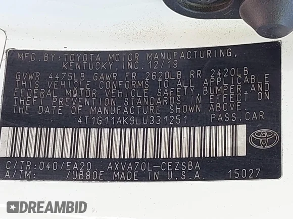 ✅ 2020 Toyota Camry SE • VIN: 4T1G11AK9LU331251 • Lot: 44523671. Wystawiony na IAAI z przebiegiem 81 310 mil. Bezpłatny archiwum sprzedaży aukcyjnych z USA i szczegółowy raport historii pojazdu na DreamBid. Zdjęcie 9.