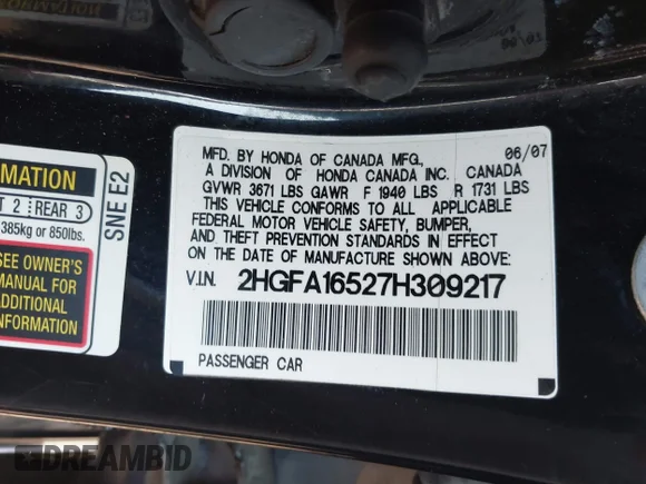 ✅ 2007 Honda Civic LX • VIN: 2HGFA16527H309217 • Lot: 44826911. Wystawiony na IAAI z przebiegiem Nie podano. Bezpłatny archiwum sprzedaży aukcyjnych z USA i szczegółowy raport historii pojazdu na DreamBid. Zdjęcie 9.