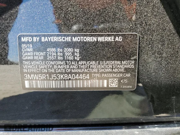 ✅ 2019 BMW 3 Series 330i • VIN: 3MW5R1J53K8A04464 • Lot: 45147223. Wystawiony na Copart z przebiegiem 68 321 mil. Bezpłatny archiwum sprzedaży aukcyjnych z USA i szczegółowy raport historii pojazdu na DreamBid. Zdjęcie 12.