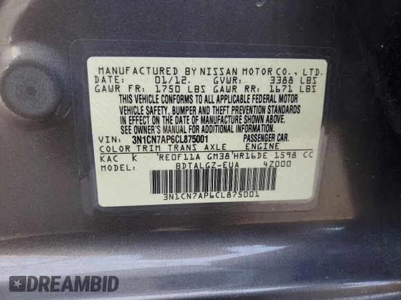 ✅ 2012 Nissan Versa S • VIN: 3N1CN7AP6CL875001 • Lot: 99291815. Wystawiony na Copart z przebiegiem 72 029 mil. Bezpłatny archiwum sprzedaży aukcyjnych z USA i szczegółowy raport historii pojazdu na DreamBid. Zdjęcie 13.