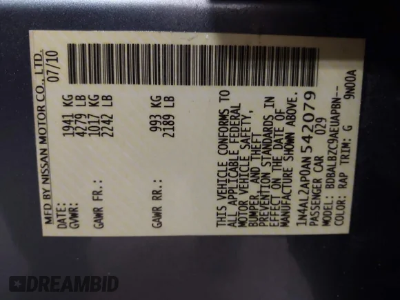 ✅ 2010 Nissan Altima SL • VIN: 1N4AL2AP0AN542079 • Lot: 44557898. Wystawiony na IAAI z przebiegiem Nie podano. Bezpłatny archiwum sprzedaży aukcyjnych z USA i szczegółowy raport historii pojazdu na DreamBid. Zdjęcie 9.