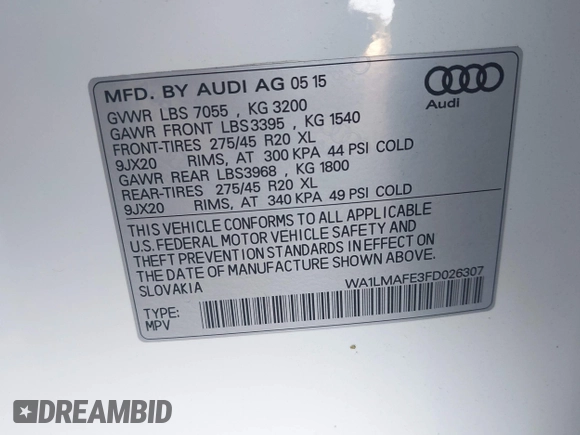 ✅ 2015 Audi Q7 Premium Plus • VIN: WA1LMAFE3FD026307 • Лот: 43331199. Опубликован ранее на IAAI с пробегом 82 604 миль. Бесплатный доступ к архиву аукционных продаж из США и подробный отчёт об истории автомобиля на DreamBid. Изображение 9.