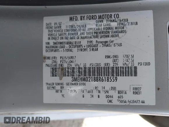 ✅ 2008 Mercury Milan Premier • VIN: 3MEHM02188R618559 • Lot: 41912520. Listed on IAAI with 98,091 mi. Free auction sales archive from the USA and detailed vehicle history report at DreamBid. Image 9.