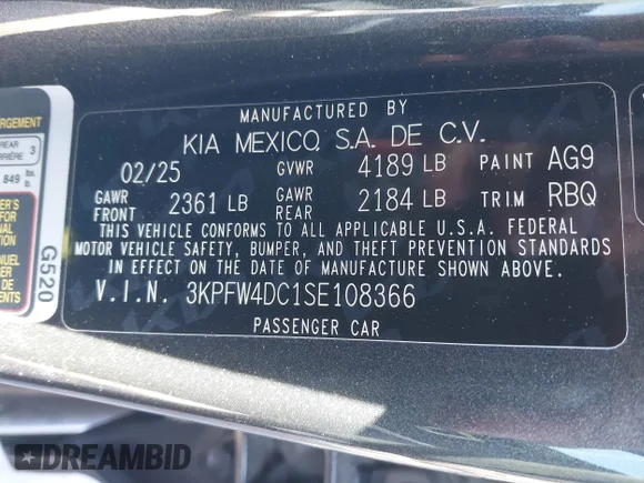 ✅ 2025 Kia K4 GT-Line Turbo • VIN: 3KPFW4DC1SE108366 • Lot: 44171185. Listed on IAAI with 13,456 mi. Free auction sales archive from the USA and detailed vehicle history report at DreamBid. Image 9.