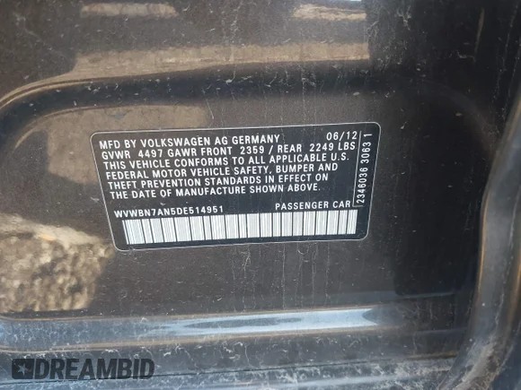 ✅ 2013 Volkswagen CC R-Line • VIN: WVWBN7AN5DE514951 • Lot: 43979953. Wystawiony na IAAI z przebiegiem 108 119 mil. Bezpłatny archiwum sprzedaży aukcyjnych z USA i szczegółowy raport historii pojazdu na DreamBid. Zdjęcie 9.