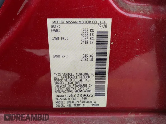 ✅ 2020 Nissan Altima SR • VIN: 1N4BL4CV9LC239022 • Lot: 44792916. Wystawiony na IAAI z przebiegiem 96 220 mil. Bezpłatny archiwum sprzedaży aukcyjnych z USA i szczegółowy raport historii pojazdu na DreamBid. Zdjęcie 9.