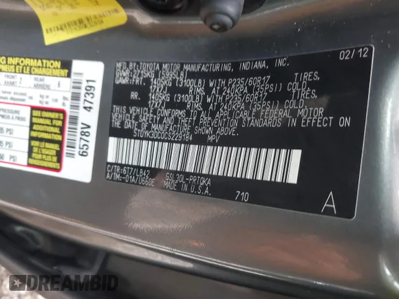 ✅ 2012 Toyota Sienna XLE • VIN: 5TDYK3DC0CS229184 • Lot: 43523305. Listed on IAAI with 206,407 mi. Free auction sales archive from the USA and detailed vehicle history report at DreamBid. Image 9.