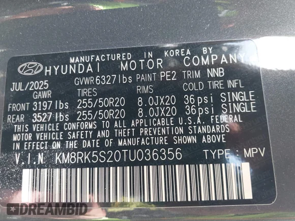 ✅ 2026 Hyundai Palisade Limited • VIN: KM8RK5S20TU036356 • Lot: 45191234. Wystawiony na IAAI z przebiegiem 26 525 mil. Bezpłatny archiwum sprzedaży aukcyjnych z USA i szczegółowy raport historii pojazdu na DreamBid. Zdjęcie 9.