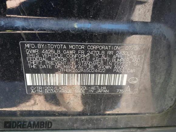 ✅ 2006 Lexus IS 250 • VIN: JTHBK262X65024422 • Лот: 43939238. Опубліковано раніше на IAAI з пробігом 320 131 миль. Безкоштовний доступ до архіву аукціонних продажів зі США та докладний звіт про історію автомобіля на DreamBid. Зображення 9.