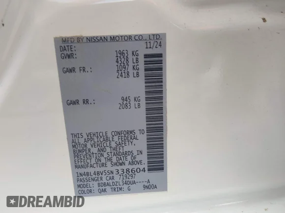 ✅ 2025 Nissan Altima S • VIN: 1N4BL4BV5SN338604 • Lot: 45207059. Listed on IAAI with 5,914 mi. Free auction sales archive from the USA and detailed vehicle history report at DreamBid. Image 9.