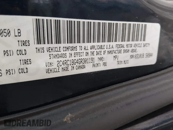 ✅ 2016 Chrysler Town & Country Touring • VIN: 2C4RC1BG4GR301191 • Lot: 44778117. Listed on IAAI with 134,504 mi. Free auction sales archive from the USA and detailed vehicle history report at DreamBid. Image 9.