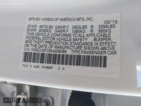 ✅ 2019 Honda Accord Sport • VIN: 1HGCV2F33KA036369 • Лот: 45173185. Опубліковано раніше на IAAI з пробігом 85 518 миль. Безкоштовний доступ до архіву аукціонних продажів зі США та докладний звіт про історію автомобіля на DreamBid. Зображення 9.