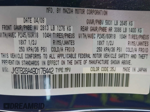 ✅ 2009 Mazda CX-9 Touring • VIN: JM3TB28A490176442 • Lot: 41595522. Wystawiony na IAAI z przebiegiem 183 657 mil. Bezpłatny archiwum sprzedaży aukcyjnych z USA i szczegółowy raport historii pojazdu na DreamBid. Zdjęcie 9.