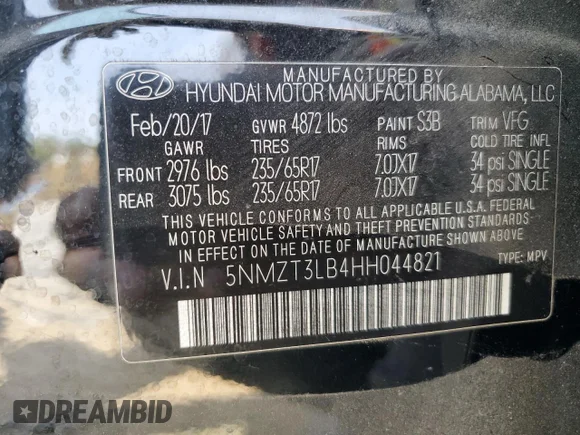 ✅ 2017 Hyundai Santa Fe 2.4L • VIN: 5NMZT3LB4HH044821 • Lot: 46889233. Wystawiony na Copart z przebiegiem 93 261 mil. Bezpłatny archiwum sprzedaży aukcyjnych z USA i szczegółowy raport historii pojazdu na DreamBid. Zdjęcie 14.