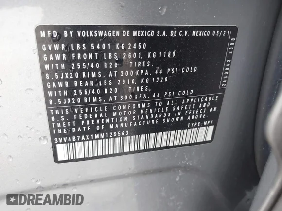 ✅ 2021 Volkswagen Tiguan SEL Premium R-Line • VIN: 3VV4B7AX1MM129563 • Lot: 44159163. Wystawiony na IAAI z przebiegiem 126 902 mil. Bezpłatny archiwum sprzedaży aukcyjnych z USA i szczegółowy raport historii pojazdu na DreamBid. Zdjęcie 9.