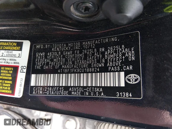 ✅ 2012 Toyota Camry SE • VIN: 4T1BF1FK9CU188824 • Lot: 45246489. Listed on IAAI with 192,395 mi. Free auction sales archive from the USA and detailed vehicle history report at DreamBid. Image 9.