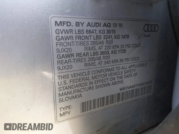 ✅ 2019 Audi Q7 Prestige • VIN: WA1VAAF71KD015707 • Lot: 44359365. Wystawiony na IAAI z przebiegiem 66 731 mil. Bezpłatny archiwum sprzedaży aukcyjnych z USA i szczegółowy raport historii pojazdu na DreamBid. Zdjęcie 9.