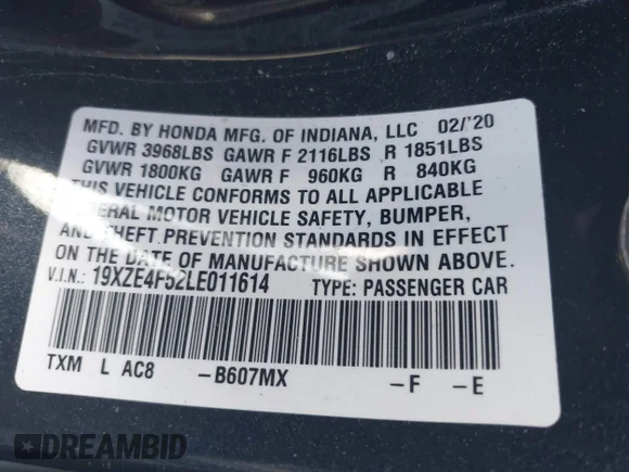 ✅ 2020 Honda Insight EX • VIN: 19XZE4F52LE011614 • Lot: 42567133. Wystawiony na IAAI z przebiegiem 33 663 mil. Bezpłatny archiwum sprzedaży aukcyjnych z USA i szczegółowy raport historii pojazdu na DreamBid. Zdjęcie 9.