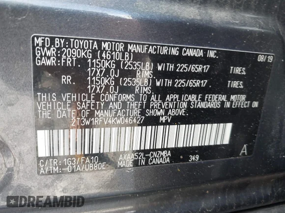 ✅ 2019 Toyota RAV4 XLE • VIN: 2T3W1RFV4KW046427 • Lot: 44026286. Listed on IAAI with 58,777 mi. Free auction sales archive from the USA and detailed vehicle history report at DreamBid. Image 9.