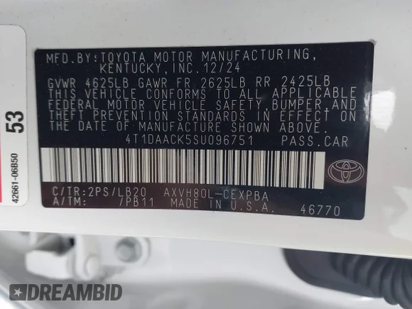 ✅ 2025 Toyota Camry SE • VIN: 4T1DAACK5SU096751 • Lot: 45100859. Wystawiony na IAAI z przebiegiem 95 931 mil. Bezpłatny archiwum sprzedaży aukcyjnych z USA i szczegółowy raport historii pojazdu na DreamBid. Zdjęcie 9.