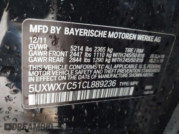 ✅ 2012 BMW X3 35i • VIN: 5UXWX7C51CL889236 • Lot: 44935211. Listed on IAAI with 90,234 mi. Free auction sales archive from the USA and detailed vehicle history report at DreamBid. Image 9.