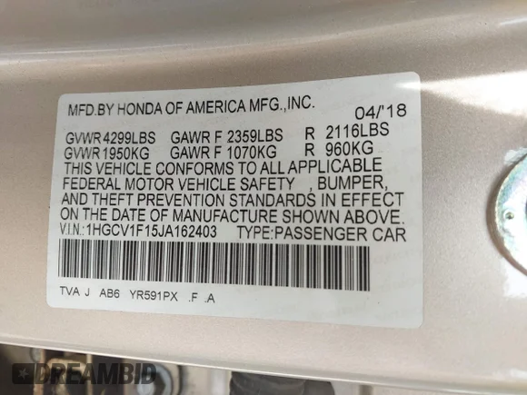 ✅ 2018 Honda Accord LX • VIN: 1HGCV1F15JA162403 • Lot: 45187879. Wystawiony na IAAI z przebiegiem 131 021 mil. Bezpłatny archiwum sprzedaży aukcyjnych z USA i szczegółowy raport historii pojazdu na DreamBid. Zdjęcie 9.