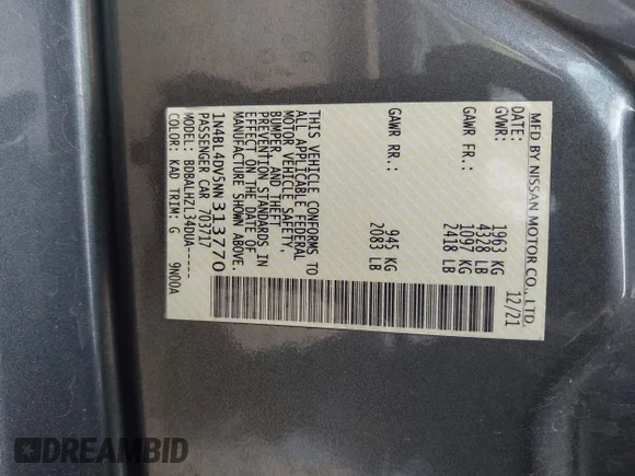 ✅ 2022 Nissan Altima SV • VIN: 1N4BL4DV5NN313770 • Lot: 44381209. Wystawiony na IAAI z przebiegiem 76 491 mil. Bezpłatny archiwum sprzedaży aukcyjnych z USA i szczegółowy raport historii pojazdu na DreamBid. Zdjęcie 9.