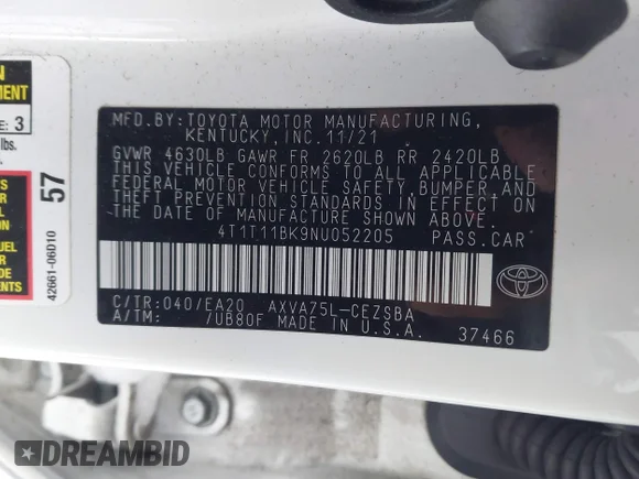 ✅ 2022 Toyota Camry SE Nightshade • VIN: 4T1T11BK9NU052205 • Lot: 44020552. Wystawiony na IAAI z przebiegiem 51 713 mil. Bezpłatny archiwum sprzedaży aukcyjnych z USA i szczegółowy raport historii pojazdu na DreamBid. Zdjęcie 9.