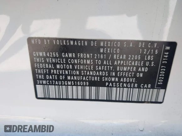 ✅ 2016 Volkswagen Golf TSI S • VIN: 3VWC17AU3GM516099 • Lot: 44571770. Wystawiony na IAAI z przebiegiem 163 522 mil. Bezpłatny archiwum sprzedaży aukcyjnych z USA i szczegółowy raport historii pojazdu na DreamBid. Zdjęcie 9.