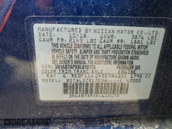 ✅ 2019 Nissan Sentra SV • VIN: 3N1AB7APXKL610175 • Lot: 77551515. Listed on Copart with 102,338 mi. Free auction sales archive from the USA and detailed vehicle history report at DreamBid. Image 13.
