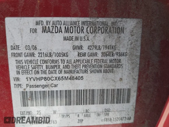 ✅ 2006 Mazda 6 Sport • VIN: 1YVHP80CX65M48405 • Лот: 41415789. Опубліковано раніше на IAAI з пробігом 316 276 миль. Безкоштовний доступ до архіву аукціонних продажів зі США та докладний звіт про історію автомобіля на DreamBid. Зображення 9.