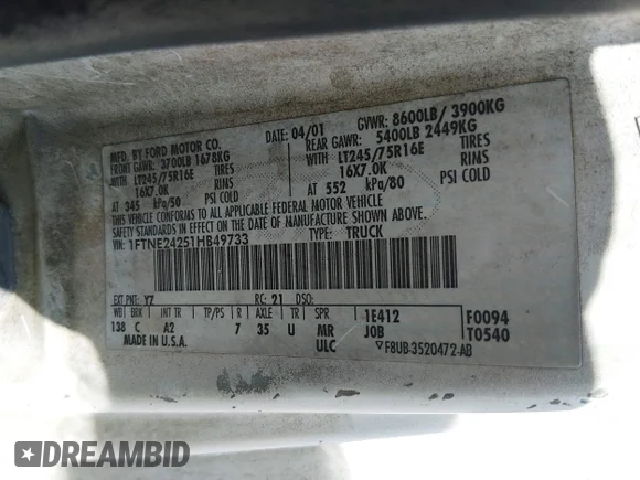 ✅ 2001 Ford Econoline Cargo • VIN: 1FTNE24251HB49733 • Lot: 44754401. Listed on IAAI with 201,979 mi. Free auction sales archive from the USA and detailed vehicle history report at DreamBid. Image 9.