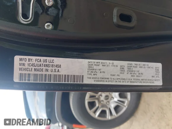 ✅ 2022 Jeep Wagoneer Series I Carbide • VIN: 1C4SJUAT4NS181458 • Lot: 44946009. Wystawiony na IAAI z przebiegiem 56 655 mil. Bezpłatny archiwum sprzedaży aukcyjnych z USA i szczegółowy raport historii pojazdu na DreamBid. Zdjęcie 9.