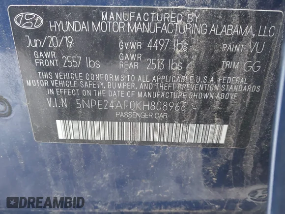 ✅ 2019 Hyundai Sonata SE • VIN: 5NPE24AF0KH808963 • Lot: 44120162. Wystawiony na IAAI z przebiegiem 66 752 mil. Bezpłatny archiwum sprzedaży aukcyjnych z USA i szczegółowy raport historii pojazdu na DreamBid. Zdjęcie 9.