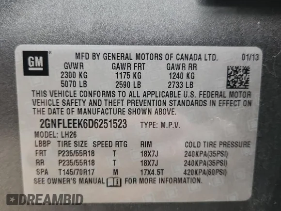 ✅ 2013 Chevrolet Equinox LT • VIN: 2GNFLEEK6D6251523 • Lot: 92519385. Listed on Copart with Not provided. Free auction sales archive from the USA and detailed vehicle history report at DreamBid. Image 13.