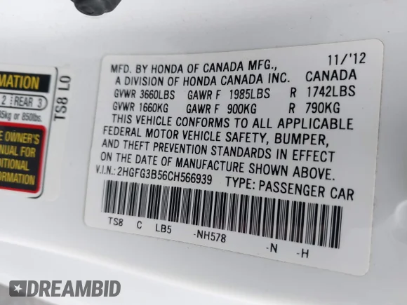 ✅ 2012 Honda Civic LX • VIN: 2HGFG3B56CH566939 • Lot: 44695564. Listed on IAAI with 99,947 mi. Free auction sales archive from the USA and detailed vehicle history report at DreamBid. Image 9.
