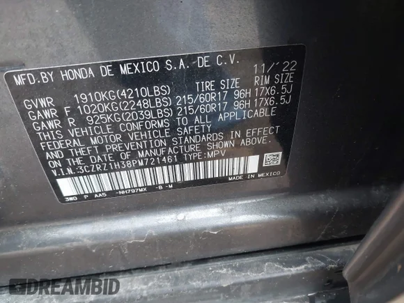✅ 2023 Honda HR-V LX • VIN: 3CZRZ1H38PM721461 • Lot: 44486029. Wystawiony na IAAI z przebiegiem 63 351 mil. Bezpłatny archiwum sprzedaży aukcyjnych z USA i szczegółowy raport historii pojazdu na DreamBid. Zdjęcie 9.
