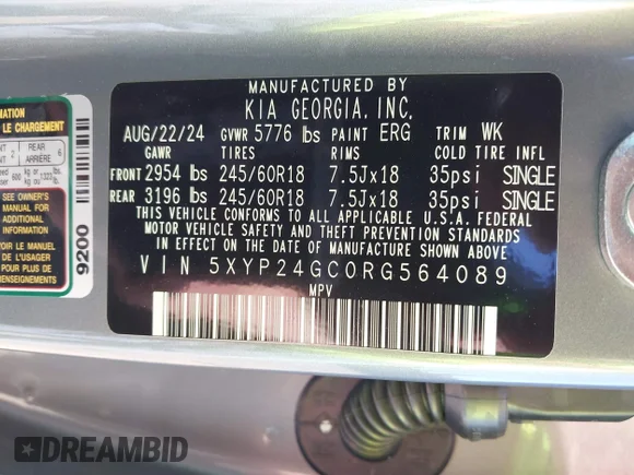 ✅ 2024 Kia Telluride LX • VIN: 5XYP24GC0RG564089 • Лот: 40677345. Опубликован ранее на IAAI с пробегом 1 970 миль. Бесплатный доступ к архиву аукционных продаж из США и подробный отчёт об истории автомобиля на DreamBid. Изображение 9.
