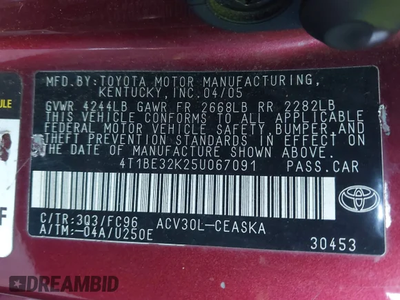 ✅ 2005 Toyota Camry SE • VIN: 4T1BE32K25U067091 • Lot: 44501303. Wystawiony na IAAI z przebiegiem Nie podano. Bezpłatny archiwum sprzedaży aukcyjnych z USA i szczegółowy raport historii pojazdu na DreamBid. Zdjęcie 9.