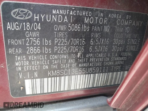 ✅ 2005 Hyundai Santa Fe GLS • VIN: KM8SC13E55U859111 • Lot: 41622560. Wystawiony na IAAI z przebiegiem 185 803 mil. Bezpłatny archiwum sprzedaży aukcyjnych z USA i szczegółowy raport historii pojazdu na DreamBid. Zdjęcie 9.