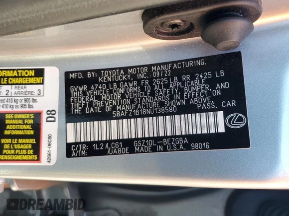 ✅ 2022 Lexus ES 350 Ultra Luxury • VIN: 58AFZ1B18NU138580 • Lot: 87107485. Listed on Copart with 22,544 mi. Free auction sales archive from the USA and detailed vehicle history report at DreamBid. Image 13.