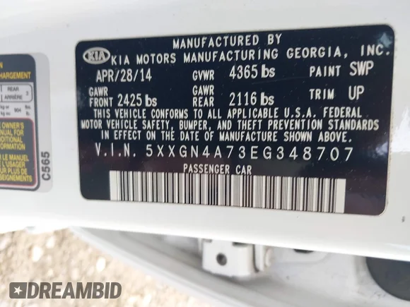 ✅ 2014 Kia Optima EX • VIN: 5XXGN4A73EG348707 • Lot: 45415936. Listed on IAAI with 115,621 mi. Free auction sales archive from the USA and detailed vehicle history report at DreamBid. Image 9.