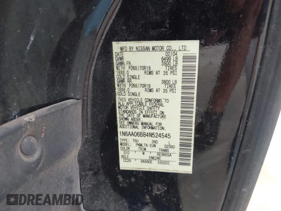 ✅ 2004 Nissan Titan SE • VIN: 1N6AA06B84N524545 • Лот: 45335749. Опубліковано раніше на IAAI з пробігом 148 339 миль. Безкоштовний доступ до архіву аукціонних продажів зі США та докладний звіт про історію автомобіля на DreamBid. Зображення 9.
