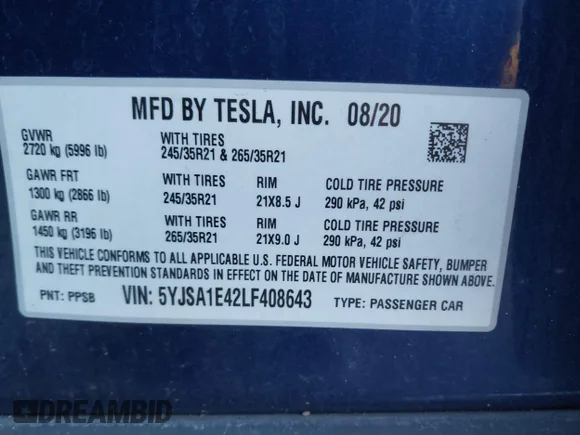 ✅ 2020 Tesla Model S Performance • VIN: 5YJSA1E42LF408643 • Lot: 43470721. Listed on IAAI with Not provided. Free auction sales archive from the USA and detailed vehicle history report at DreamBid. Image 9.
