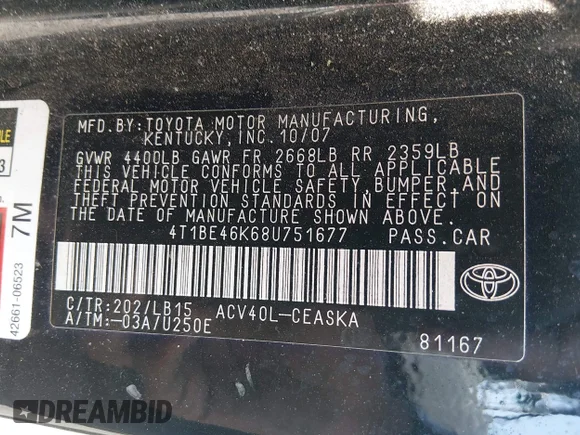 ✅ 2008 Toyota Camry LE • VIN: 4T1BE46K68U751677 • Lot: 44953245. Wystawiony na IAAI z przebiegiem 156 238 mil. Bezpłatny archiwum sprzedaży aukcyjnych z USA i szczegółowy raport historii pojazdu na DreamBid. Zdjęcie 9.